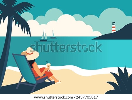 Back view of woman relaxing at the sand beach, drinking cocktail, enjoying sea landscape. Summer holidays, travel, vacation vintage minimal poster. Vector illustration  