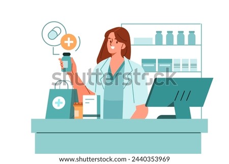 Pharmacist standing at pharmacy counter and presenting prescription drug. Pharma professional at drugstore concept. Vector illustration  