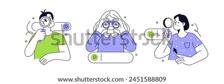 Search concept set. Collection of characters holding binocular, magnifier glass and searching or browsing internet. Vector illustration  