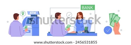 Cash withdrawal set. Customer in bank office near cash department window give money deposit to bank teller and get banknotes from ATM. Payments concept. Vector illustration 