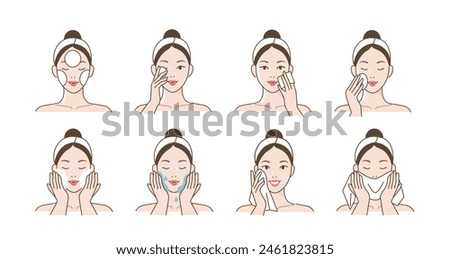 Skincare illustrations set. Collection of girl applying cleansing products and washing her face with water. Beauty and hygiene concept. Vector illustration.