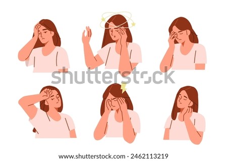 Tired woman have headache, migraine, dizziness and other chronic fatigue syndrome symptoms. Collection of various early warning signs of disease. Vector illustration.
