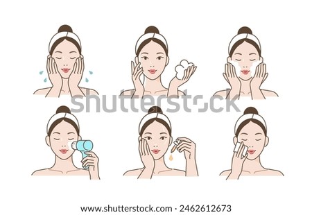 Skincare set. Collection of girl removing make up by washing her face with facial brush, using cleansing wipe and other cosmetic products. Beauty and hygiene concept. Vector illustration.
