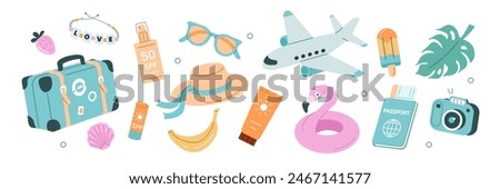 Summer stickers set. Tropical vacation on beach scrapbooking collection. Plane, ticket, sunscreen and other travel elements. Modern cartoon concept. Vector illustration.