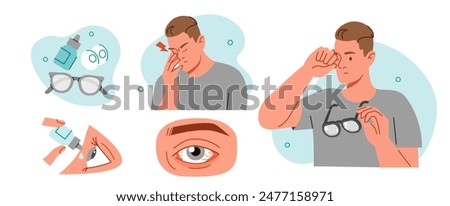 Man suffer from eye pain and rub his tired eyes with hand. Conjunctivitis and other ophthalmology diseases symptoms. Vector illustration.