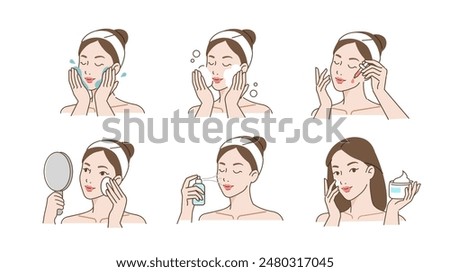 Skincare set. Collection of girl removing make up by washing her face, using cleansing wipe and other cosmetic products. Beauty and hygiene concept. Vector illustration.