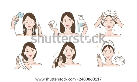 Haircare set. Collection of girl washing her hair, drying with towel and using treatment. Beauty and hygiene concept. Vector illustration.