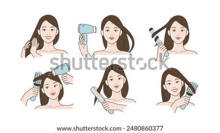 Haircare set. Collection of girl using devices for hair styling such as hairdryer, curling iron, brushing. Beauty and hygiene concept. Vector illustration.