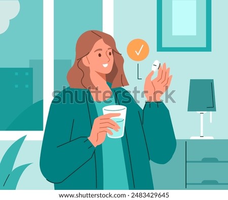 Woman at home taking medical pill correctly with glass water. Vector illustration.
