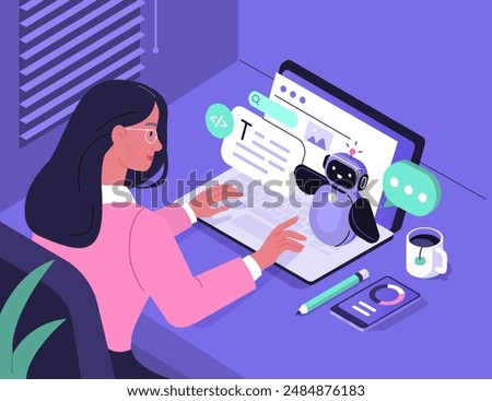 Character working as prompt engineer generating text and image content with generative AI model  and chat bot. Artificial intelligence in business concept. Vector illustration.