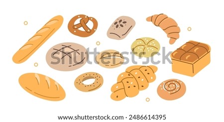 Various bakery and pastry set. Collections of bread, buns, croissant and other types of bakery products. Vector illustration.