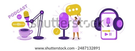 Podcast set. Influencer character standing near microphone and recording radio podcast. Vector illustration.
