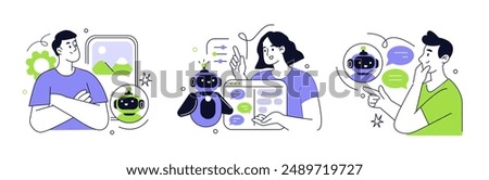 Prompt engineering work. Character generating content with generative AI marketing tools. Artificial intelligence in business concept. Vector illustration.