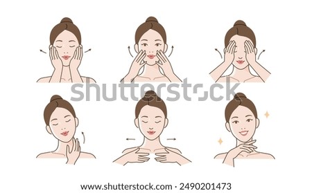 Skincare set. Collection of girl doing facial massage by lines. Beauty and hygiene concept. Vector illustration.