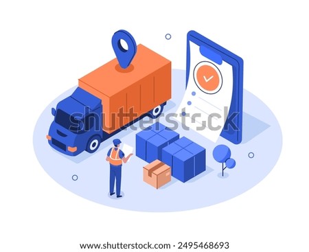 Customs inspector at check cargo clearance or import declaration tax form. Worldwide shipment and delivery service concept. Isometric vector illustration.