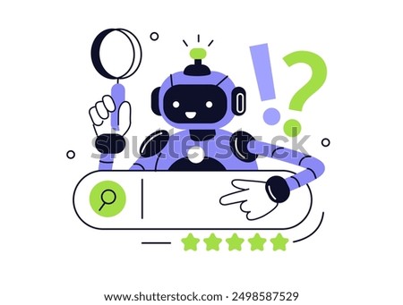 Robot character holding magnifying glass and pointing at search bar. AI seo technology. Artificial intelligence in business concept. Vector illustration.