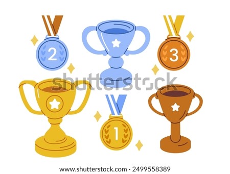 Gold, silver and bronze award winning cup and prize medals. Trophies for winners set. Championship and success concept. Vector illustration.