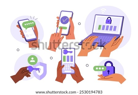 Characters hands holding smartphone, laptop and typing two factor authentication code, pin to verify their id and security access. Vector illustration.