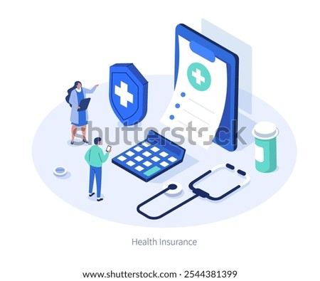 Doctor and patient calculating health insurance policy contract. Medicine and healthcare concept. Flat isometric vector illustration.