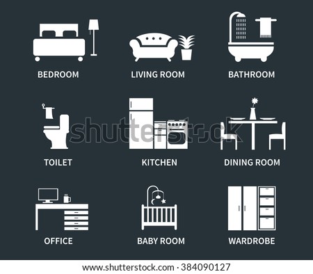 
Home interior design icons for bedroom, living room, bathroom, kitchen, dining room, home office, wardrobe, baby room. Vector icons set.