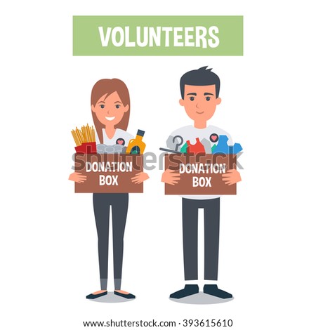 Young  Volunteers  with food donation and clothes donation boxes. Vector concept illustrations. 