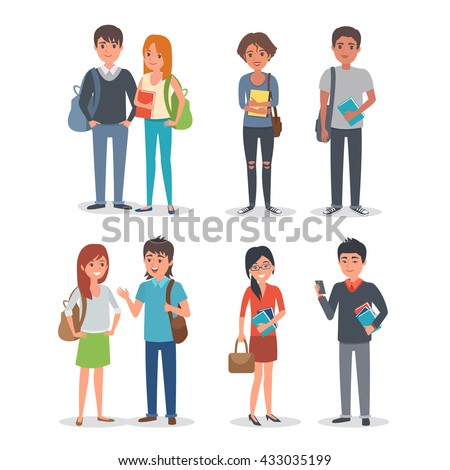 Young international student characters collection. Students Lifestyle. Vector students illustration.