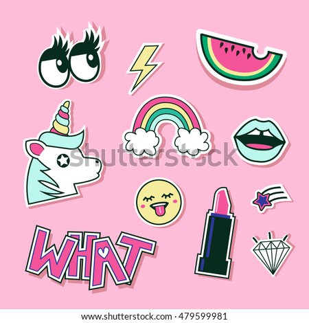 Fashion cute patches, stickers set. Vector trendy illustration.