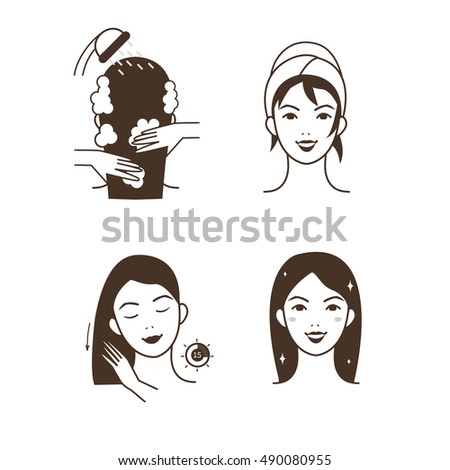 Woman take care about her hair. Steps how to apply hair mask.  Vector isolated illustrations set.