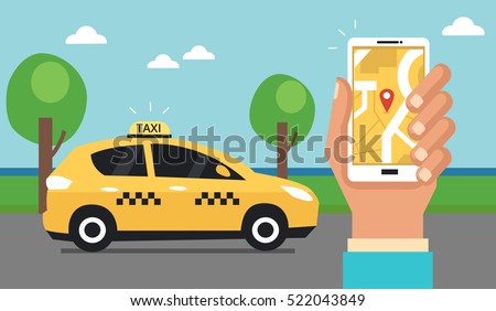 Taxi concept. Man call a taxi by smartphone. Vector illustration.
