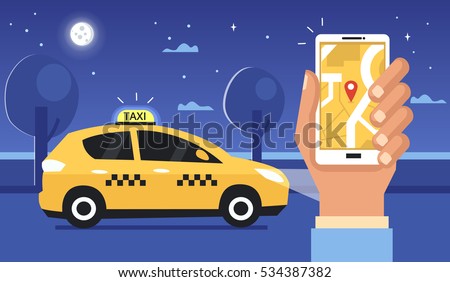 
Taxi at night concept. Man call a taxi by smartphone. Vector illustration.