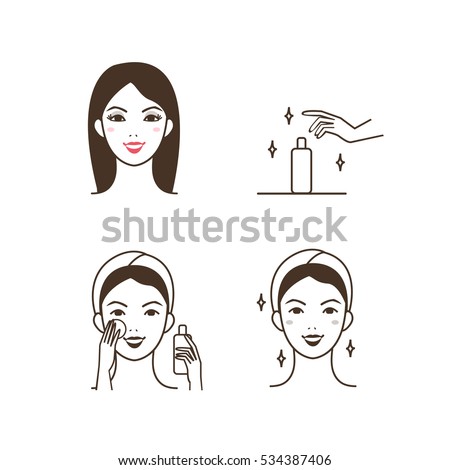 Woman removing make up with lotion. Vector illustration.