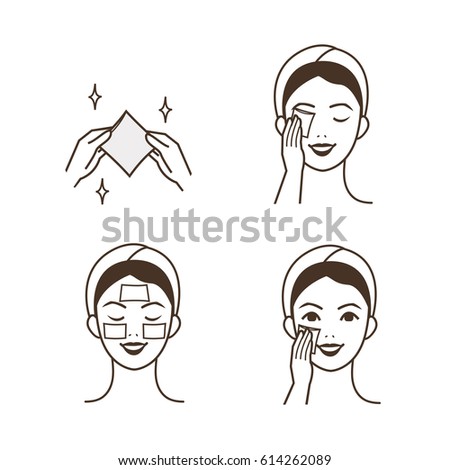 Woman use soak cotton pads on her face and eyes. Vector isolated illustrations set.