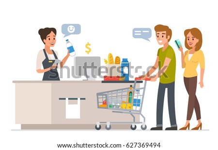Retail woman cashier with barcode scanner and young couple with purchases. Family shopping in supermarket and paying with card. Flat style vector illustration isolated on white background.