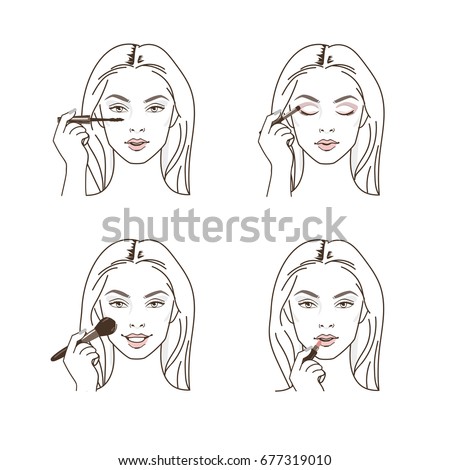 Woman doing make up. Applying mascara, eyeshadow, powder and lipstick. Line style vector illustration isolated on white background.
