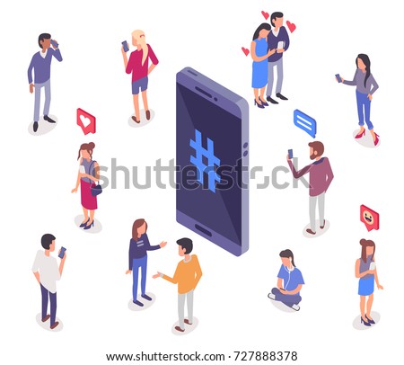 Social media isometry concept with people.  Flat   style  isometric vector illustration isolated on white background.