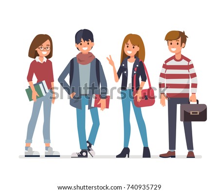 Group of young students. Flat style vector illustration isolated on white background.
