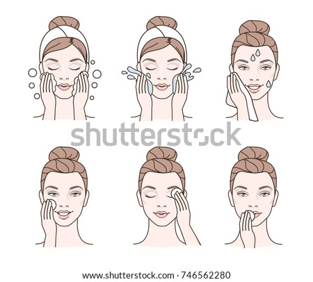 Girl cares about her face. Different facial cleaning procedures. 
Vector illustration.
