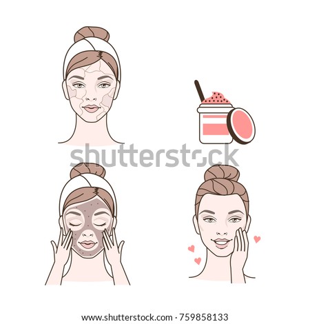 
Steps how to make facial peeling. Beauty and fashion vector illustration isolated on white background.