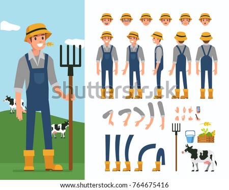 
Farmer man  character constructor and objects for animation scene.  Set of various men's poses, faces, hands, legs. Flat style vector illustration isolated on white background.