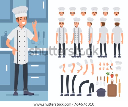 Chief cooking  character constructor and kitchen utensil objects for animation scene.  Set of various men's poses, faces, hands, legs. Flat style vector illustration isolated on white background.