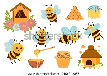 Bee, honey and hive. Set of beekeeping vector illustrations. Collection of cute funny bees in different poses.
