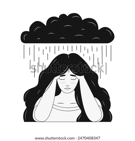 Depression concept. Young sad and tired woman with a rain cloud above her head. Vector illustration in doodle style