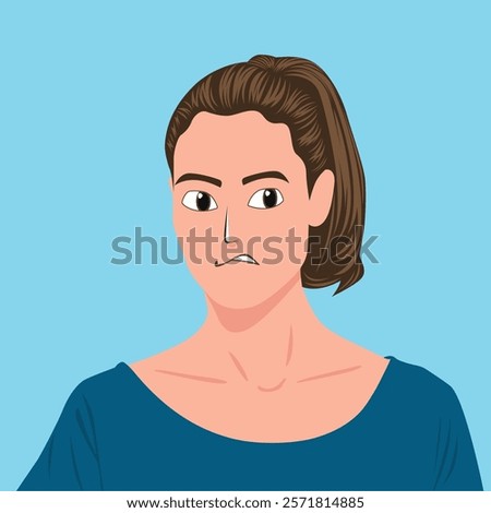 Vector digital artwork depicting a woman with brown hair, tied in a ponytail, and wearing a blue shirt, showing a confused or anxious face, against a plain blue background.