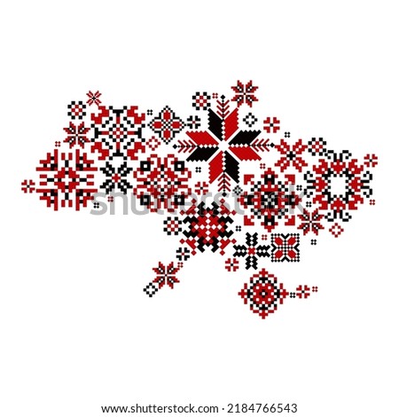 Map of Ukraine in the traditional colors of the embroidery pattern - red and black. Support Ukraine. Political or geographic design element. Vector illustration.