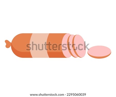 Boiled sausage cut into slices. Food, meat dish. Vector illustration.