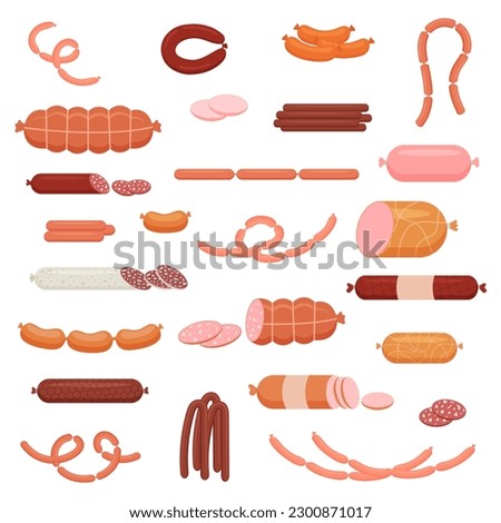 A set of cooked and smoked sausages, sausages, hunting sausages, whole sausage, half, cut, sausage string. Food, meat product. Vector illustration.