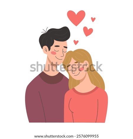 A tender and romantic illustration depicting a young couple in love embracing. Suitable for use in designs related to love, romance, relationships, Valentine's Day, weddings, invitations