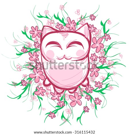 Pink cartoon cat.Cat with pink flowers White background.Green vine with leaves.