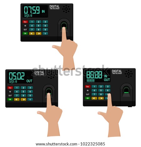 Hand  which is registering working time with forefinger on transparent background.
