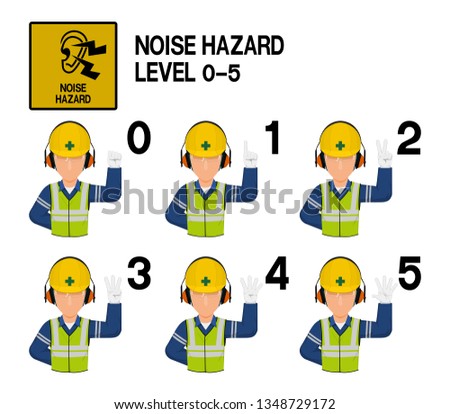 Set of industrial worker with hearing protective equipment is gesturing hand sign (0-5)